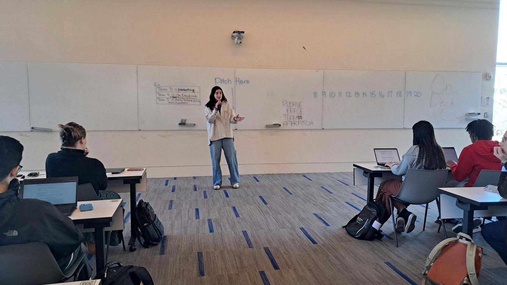 Students pitch their startup ideas in the entrepreneurial capstone course.  